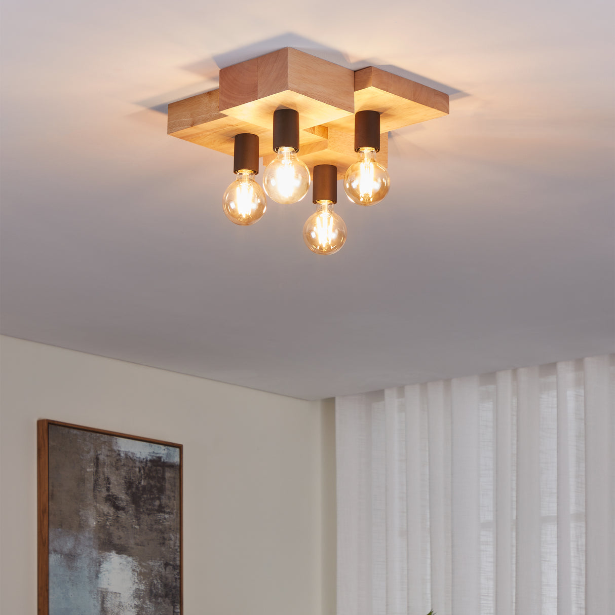 Eglo EU HALKIN Ceiling Light – Vintage Wood & Black Steel Design, E27, Indoor Lighting