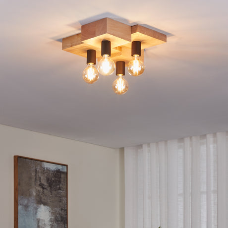 Eglo EU HALKIN Ceiling Light – Vintage Wood & Black Steel Design, E27, Indoor Lighting
