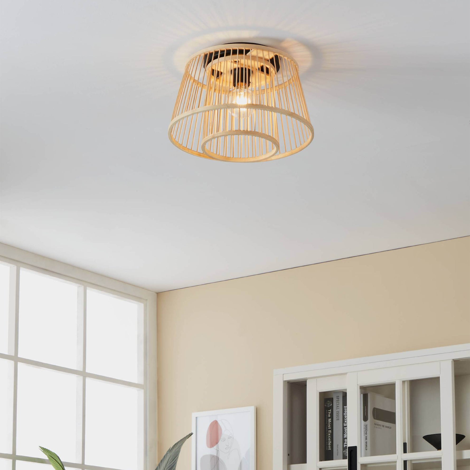 Eglo EU Hykeham Ceiling Light Black Steel & Natural Wood Slatted Drum Shade product image - Endon Lighting from First Light Direct with great prices and fast UK delivery