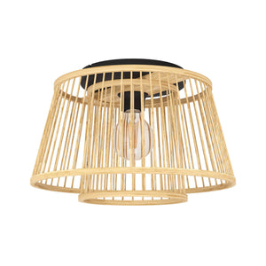 Eglo EU Hykeham Ceiling Light Black Steel & Natural Wood Slatted Drum Shade