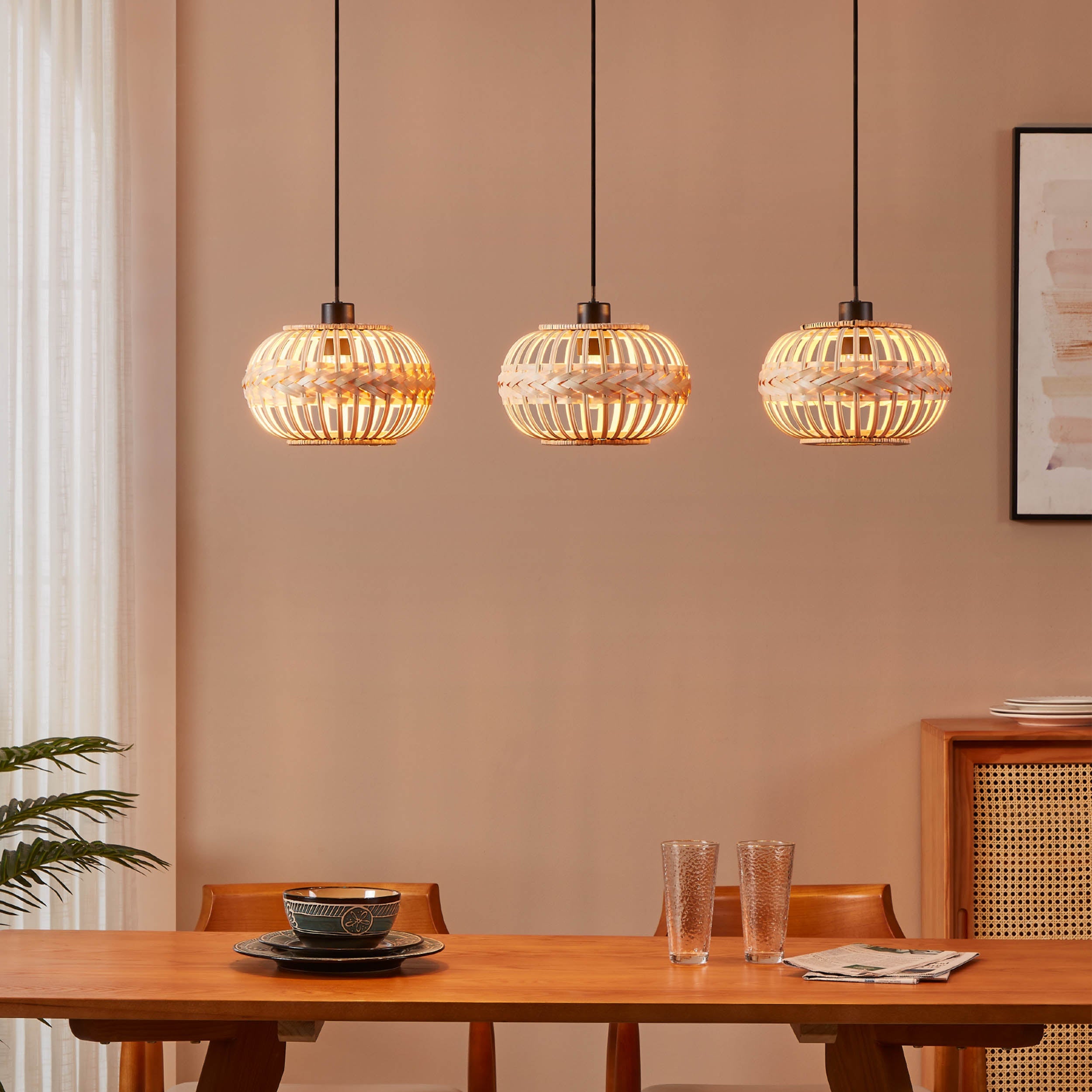 Eglo EU Amsfield 1 Three Light Cluster Hanging Pendant Natural Woven Wood Shades and Steel Mount