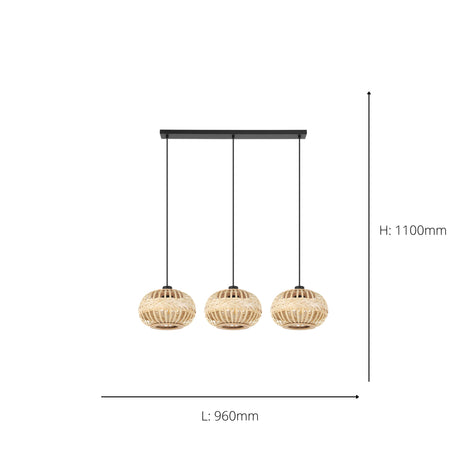 Eglo EU Amsfield 1 Three Light Pendant Natural Woven Wood Shades and Steel Mount