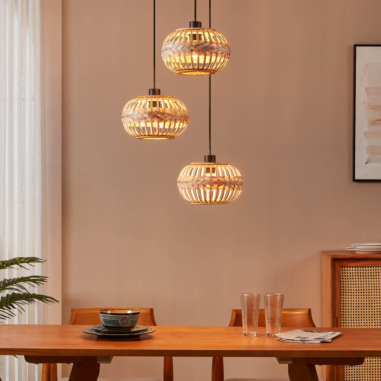 Eglo EU Amsfield 1 Three Light Cluster Hanging Pendant Natural Woven Wood Shades and Steel Mount