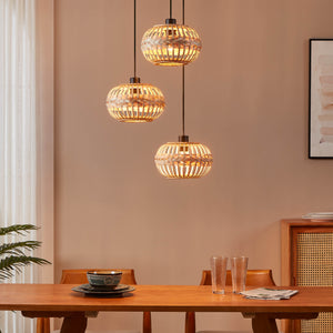 Eglo EU Amsfield 1 Three Light Cluster Hanging Pendant Natural Woven Wood Shades and Steel Mount