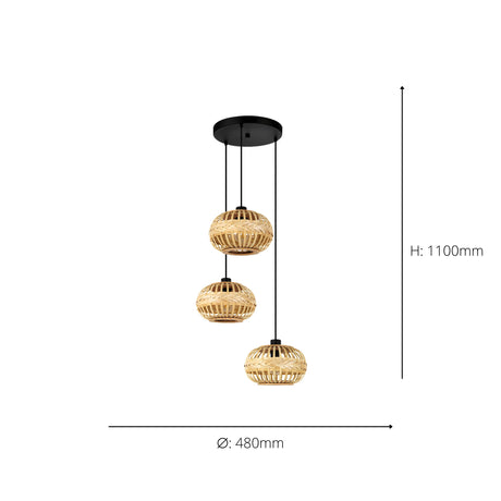Eglo EU Amsfield 1 Three Light Cluster Hanging Pendant Natural Woven Wood Shades and Steel Mount