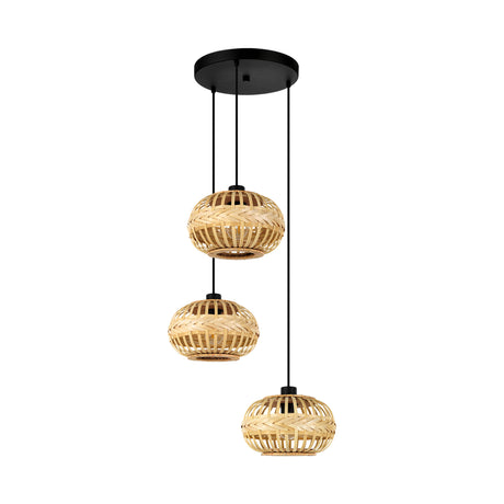 Eglo EU Amsfield 1 Three Light Cluster Hanging Pendant Natural Woven Wood Shades and Steel Mount