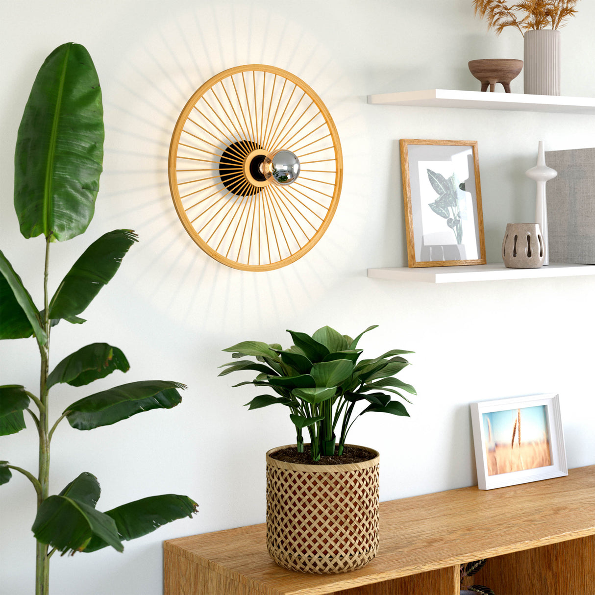 Eglo EU Leominster Wall or Ceiling Light Black Steel & Natural Bamboo Round Wheel Style Shade