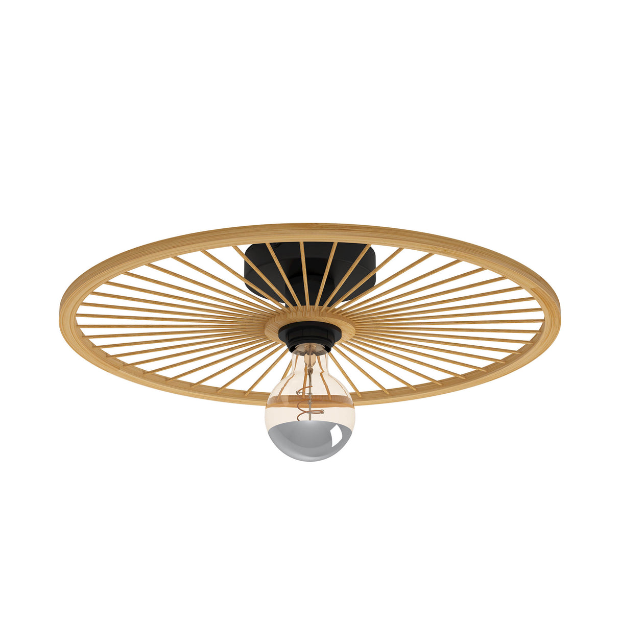 Eglo EU Leominster Wall or Ceiling Light Black Steel & Natural Bamboo Round Wheel Style Shade