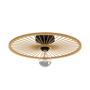 Eglo EU Leominster Wall or Ceiling Light Black Steel & Natural Bamboo Round Wheel Style Shade