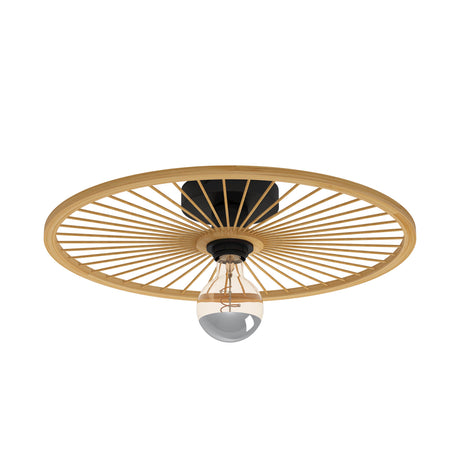 Eglo EU Leominster Wall or Ceiling Light Black Steel & Natural Bamboo Round Wheel Style Shade