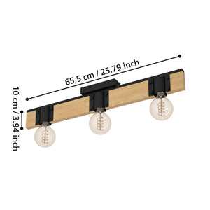 Eglo EU Bailrigg Steel & Wood, Black/Brown 3-Light Ceiling Light