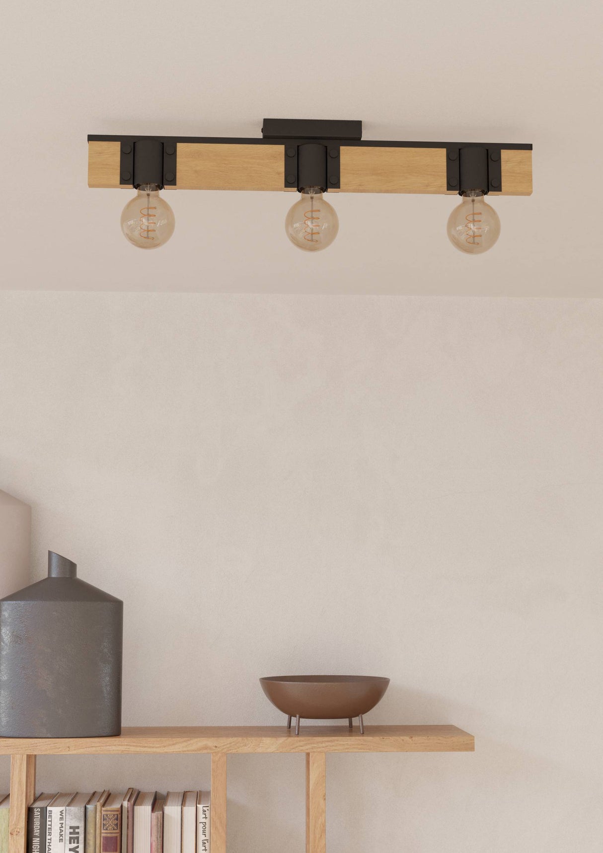 Eglo EU Bailrigg Steel & Wood, Black/Brown 3-Light Ceiling Light