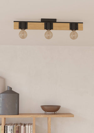 Eglo EU Bailrigg Steel & Wood, Black/Brown 3-Light Ceiling Light