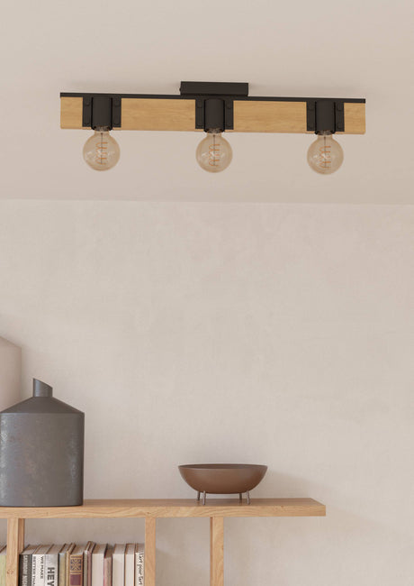 Eglo EU Bailrigg Steel & Wood, Black/Brown 3-Light Ceiling Light