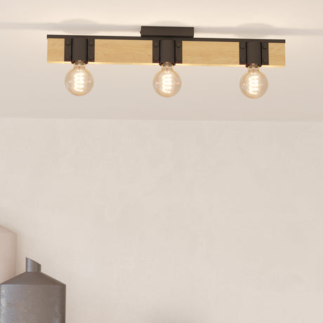 Eglo EU Bailrigg Steel & Wood, Black/Brown 3-Light Ceiling Light