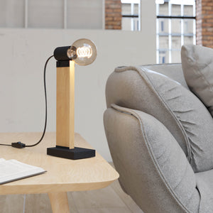 Eglo EU Bailrigg Table Lamp Exposed Bulb with Industrial Wooden Frame with Steel Base 