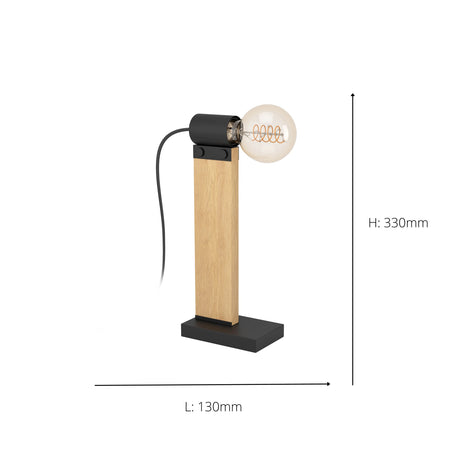 Eglo EU Bailrigg Table Lamp Exposed Bulb with Industrial Wooden Frame with Steel Base