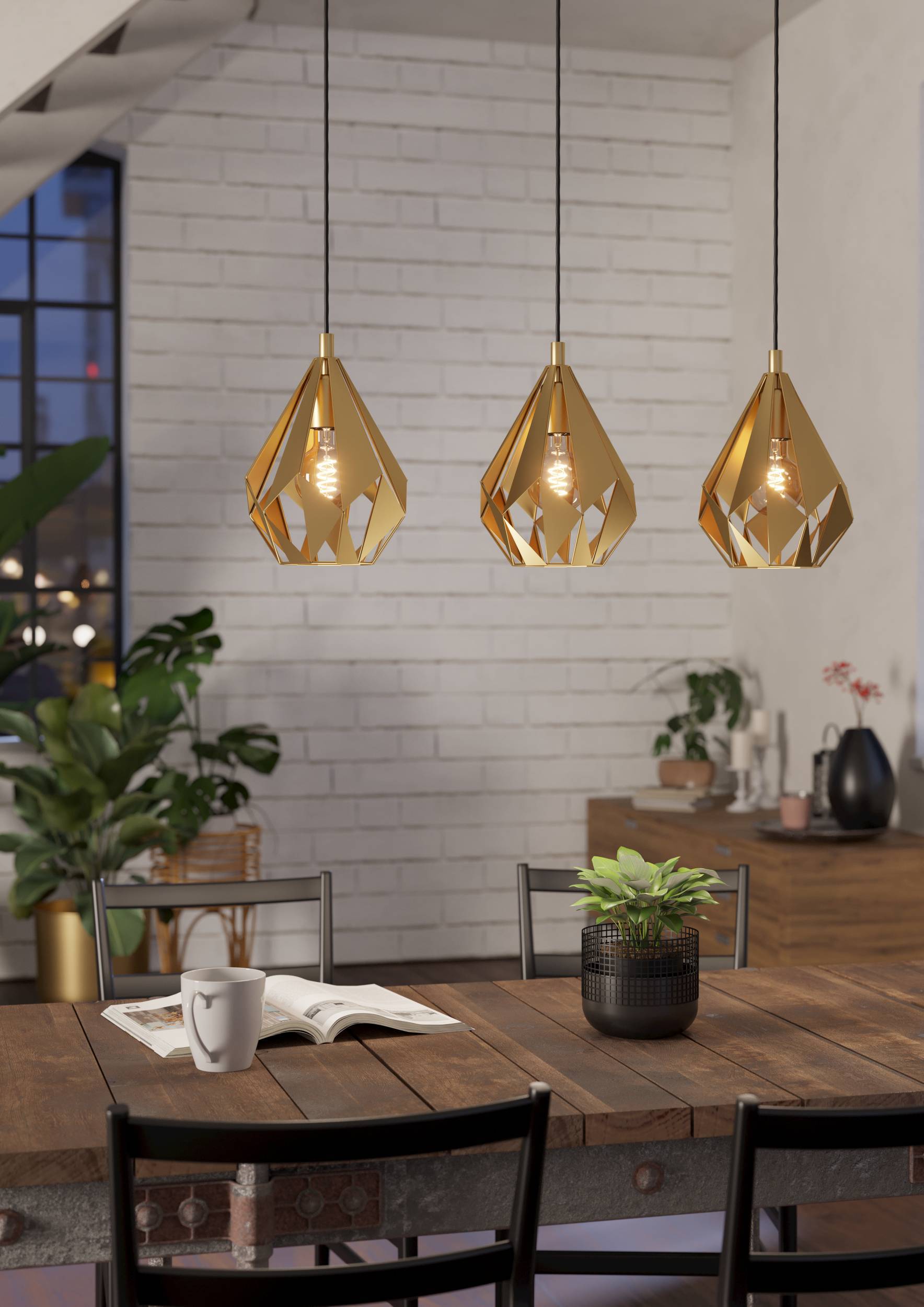 Eglo EU Townshend White/Natural Metal & Wood 4-Light Pendant - Industrial Style