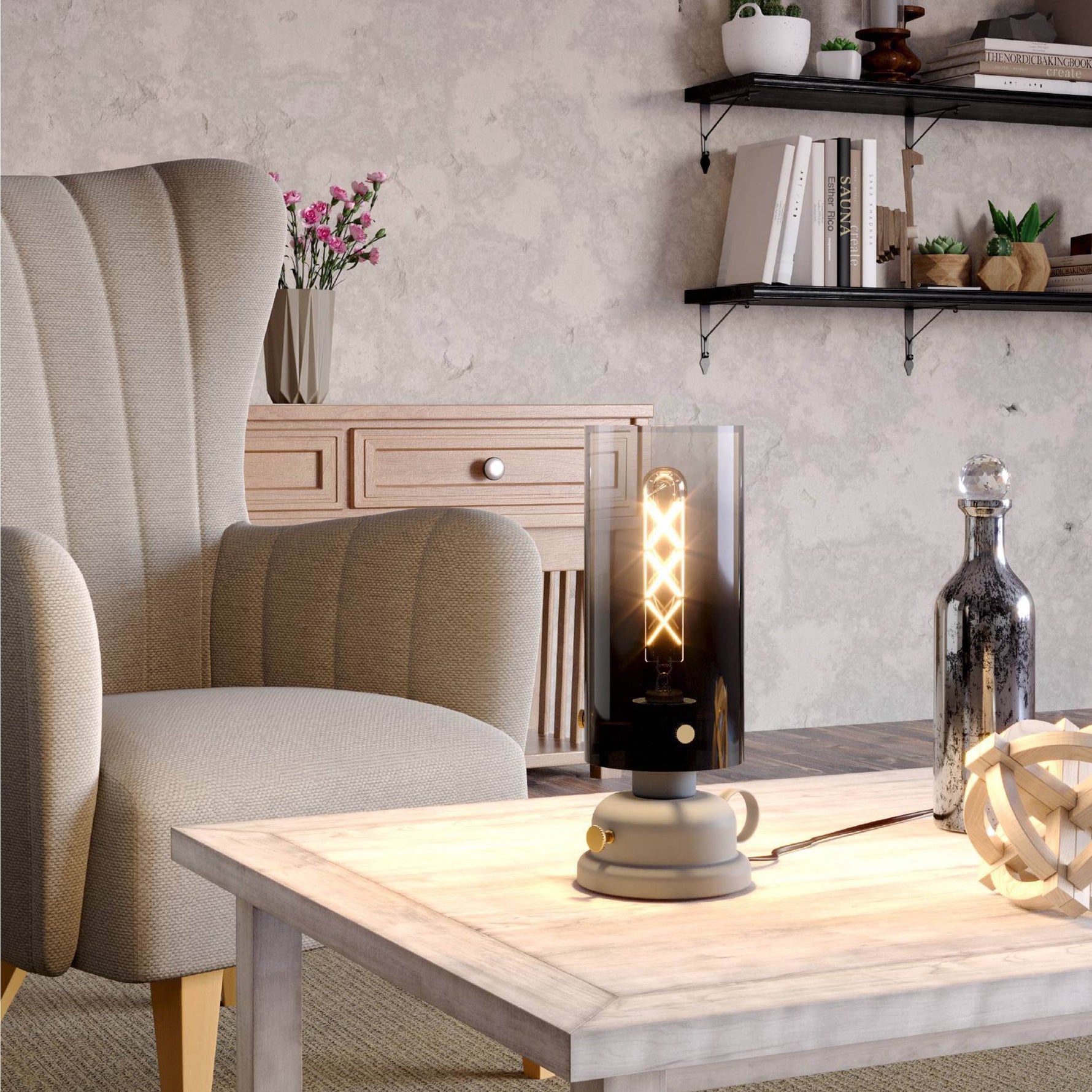 Eglo EU Gargrave Vintage Table Lamp Grey & Brushed Brass Steel with Smoked Glass Shade, E27