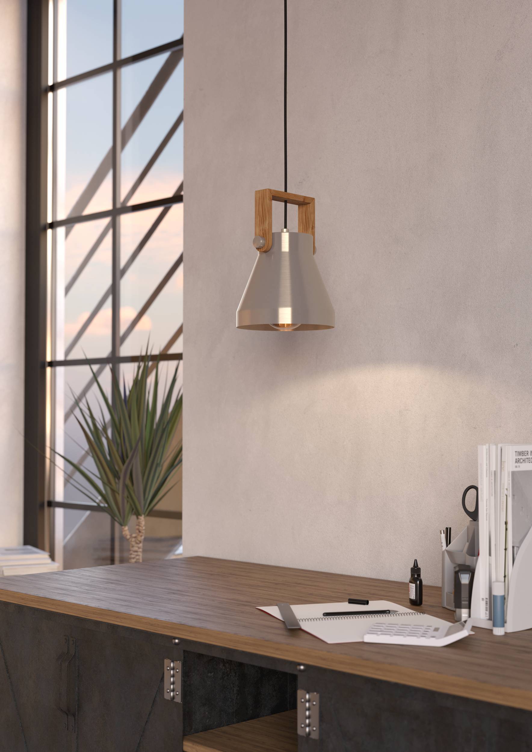 Eglo EU Cawton Table Lamp with an Adjustable Steel Shade & Rustic Brown Wood Accents