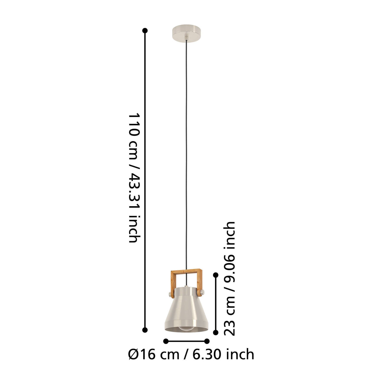 Eglo EU Cawton Pendant Light with an Adjustable Steel Shade & Rustic Brown Wood Accents with Black Textile Cable, E27