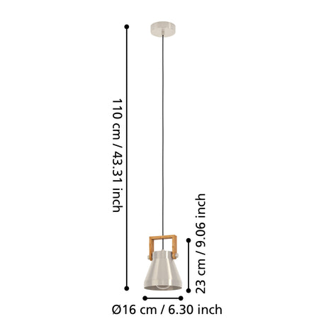 Eglo EU Cawton Pendant Light with an Adjustable Steel Shade & Rustic Brown Wood Accents with Black Textile Cable, E27