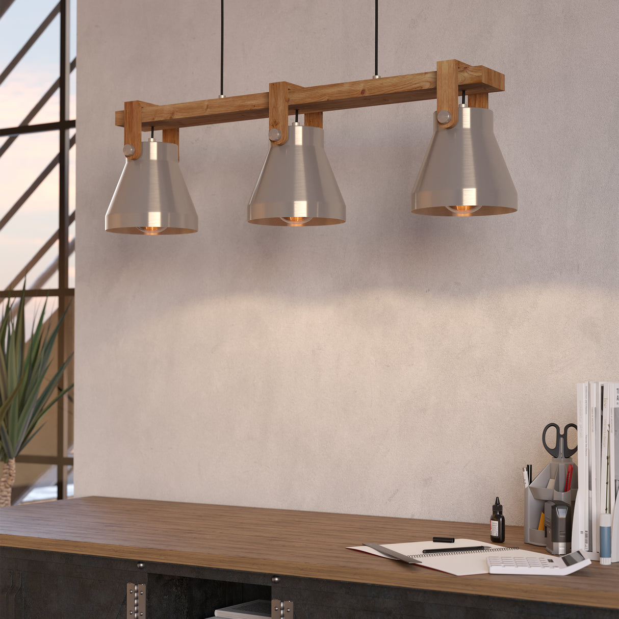 Eglo EU Cawton Industrial Wood and Steel 3-Light Pendant 