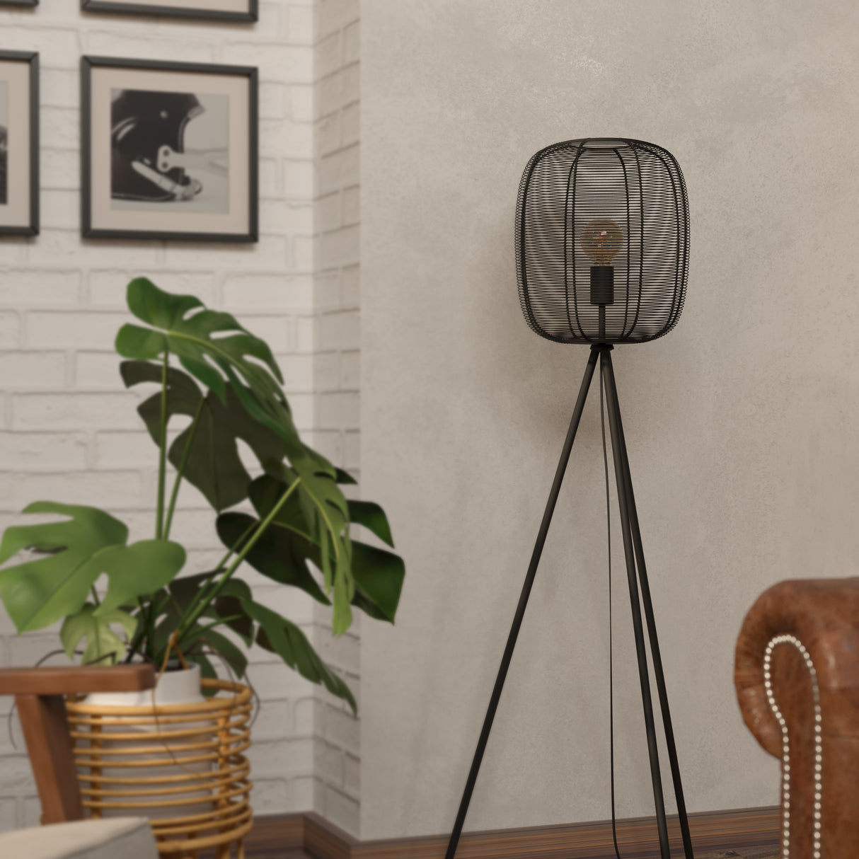 Eglo EU Rinroe Black Steel Rattan Tripod Style Floor Lamp