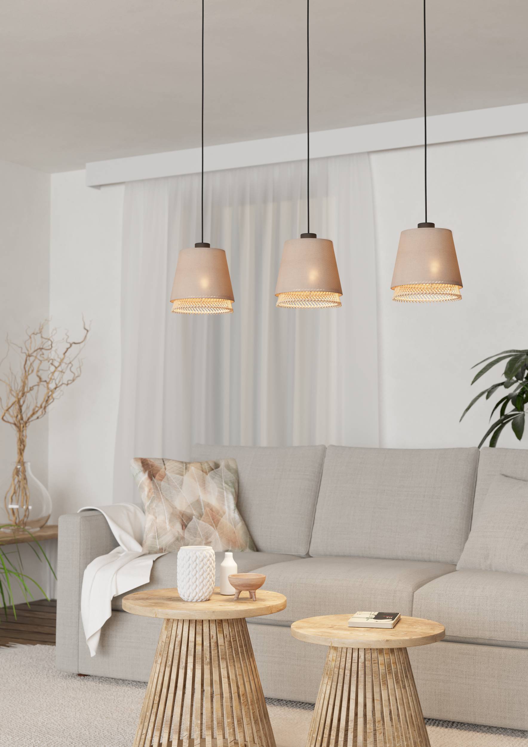 Eglo EU MASERLO Linear Pendant Light – Satin Nickel Steel with Black & Gold Fabric Shades, E27, Indoor Lighting