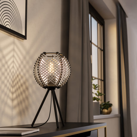 Eglo EU WAVERTON Table Lamp – Black Steel with Fabric & Wood Shade, E27, Vintage Indoor Lighting