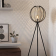 Eglo EU WAVERTON Floor Lamp – Vintage Black Fabric & Wood Shade, E27, Foot Switch, Indoor Lighting