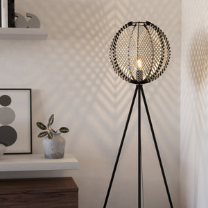 Eglo EU WAVERTON Floor Lamp – Vintage Black Fabric & Wood Shade, E27, Foot Switch, Indoor Lighting