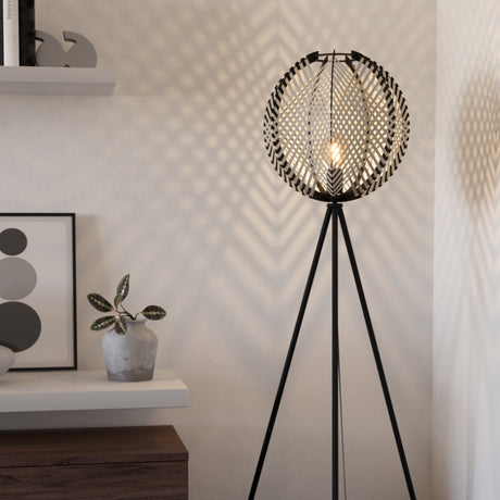 Eglo EU WAVERTON Floor Lamp – Vintage Black Fabric & Wood Shade, E27, Foot Switch, Indoor Lighting