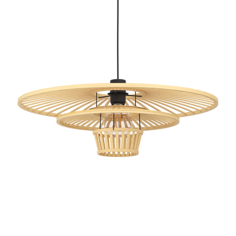 Eglo EU LYDNEY Vintage Pendant Light – 570mm Black & Wood, E27 Fitting, Textile Cable