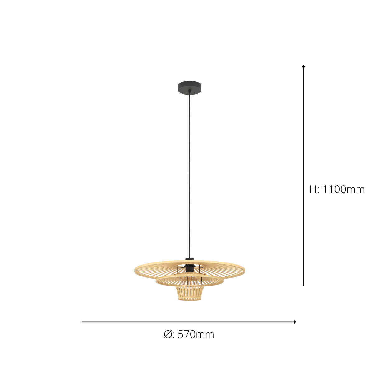 Eglo EU LYDNEY Vintage Pendant Light – 570mm Black & Wood, E27 Fitting, Textile Cable