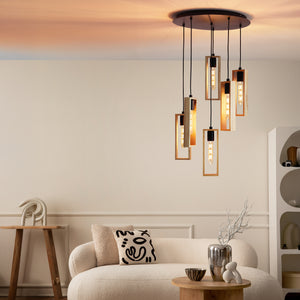 Eglo EU LITTLETON 6-Light Pendant Light – 40W, Vintage Black Steel & Wood Design, E27 Fitting, 500mm Indoor Pendant