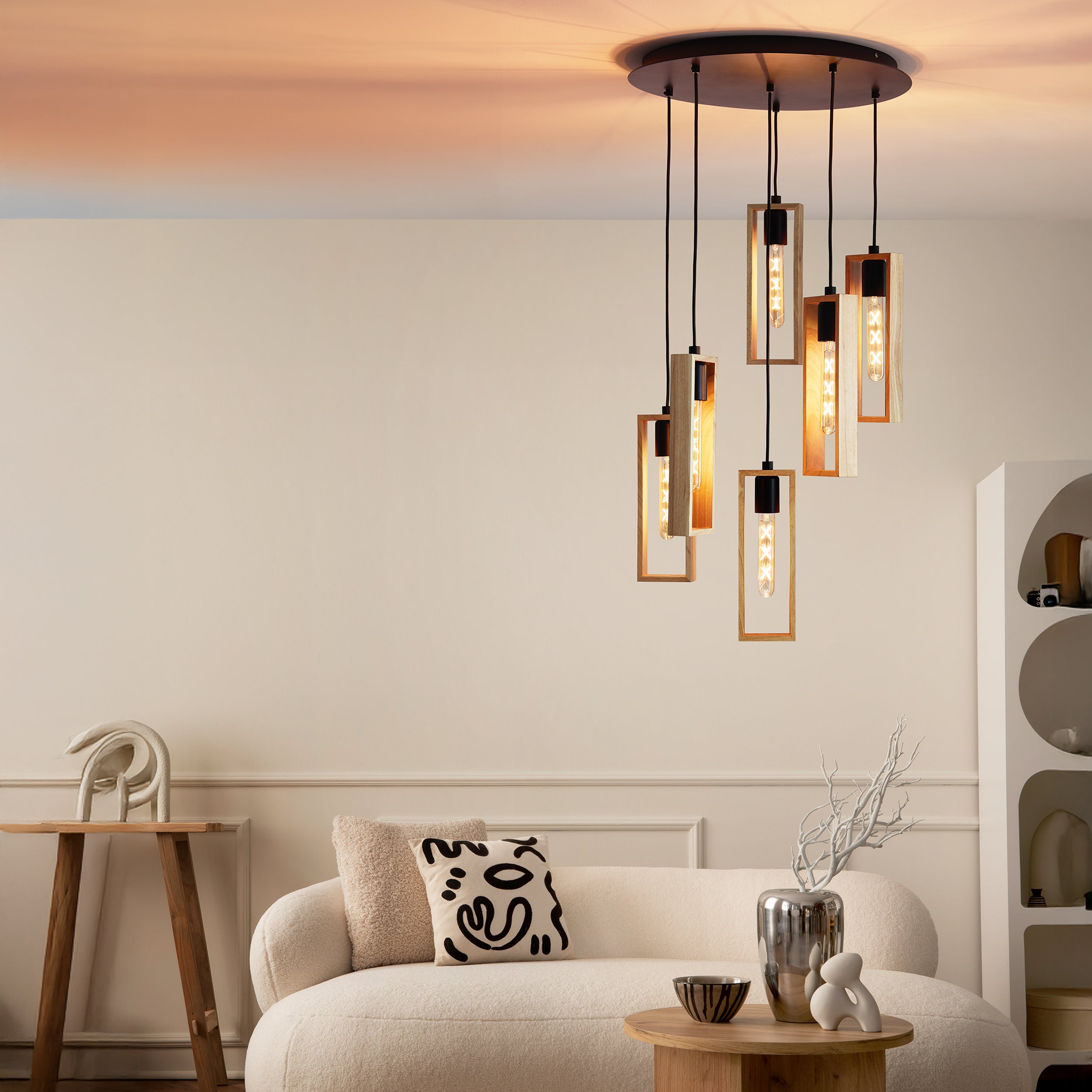 Eglo EU LITTLETON 6-Light Pendant Light – 60W, Vintage Black Steel & Wood Design, E27 Fitting, 500mm Indoor Pendant