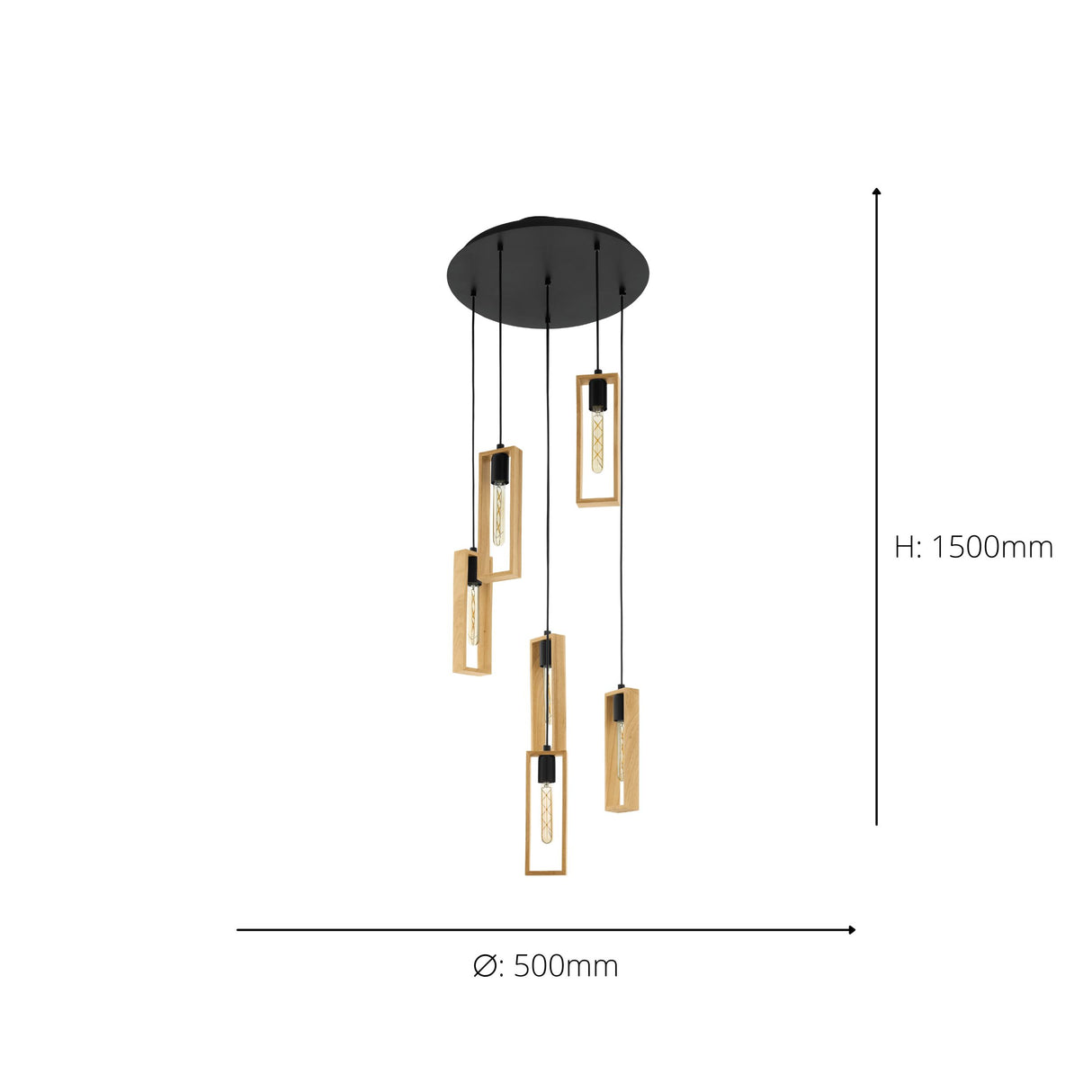 Eglo EU LITTLETON 6-Light Pendant Light – 40W, Vintage Black Steel & Wood Design, E27 Fitting, 500mm Indoor Pendant