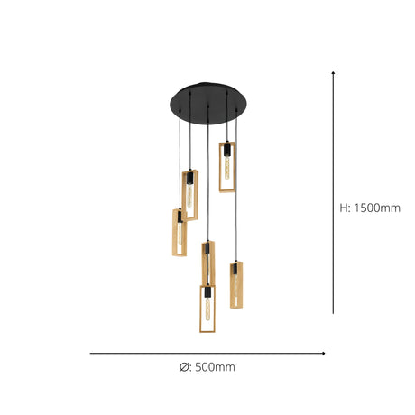 Eglo EU LITTLETON 6-Light Pendant Light – 40W, Vintage Black Steel & Wood Design, E27 Fitting, 500mm Indoor Pendant
