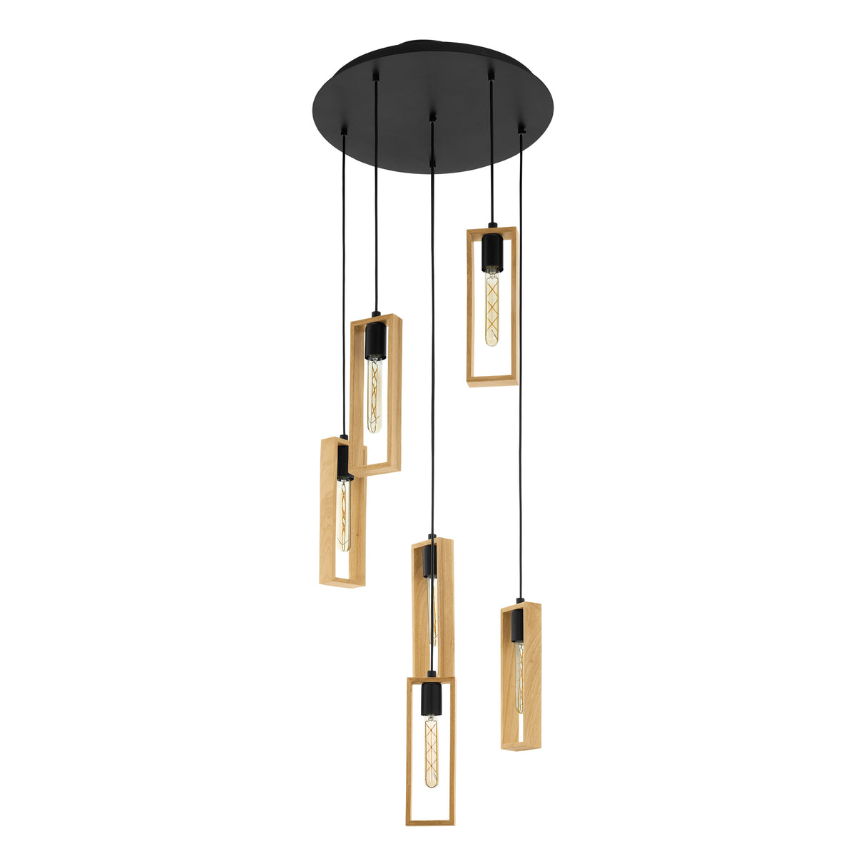 Eglo EU LITTLETON 6-Light Pendant Light – 40W, Vintage Black Steel & Wood Design, E27 Fitting, 500mm Indoor Pendant