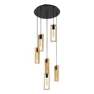 Eglo EU LITTLETON 6-Light Pendant Light – 40W, Vintage Black Steel & Wood Design, E27 Fitting, 500mm Indoor Pendant