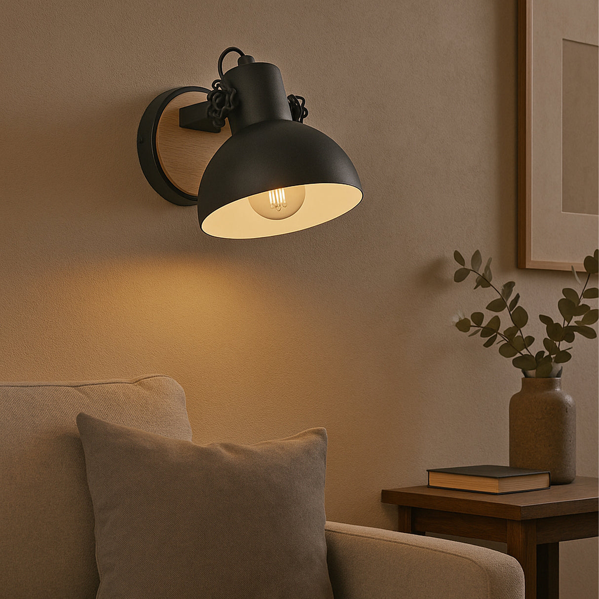 Eglo EU Lubenham Industrial Black/Wood Domed Wall Light