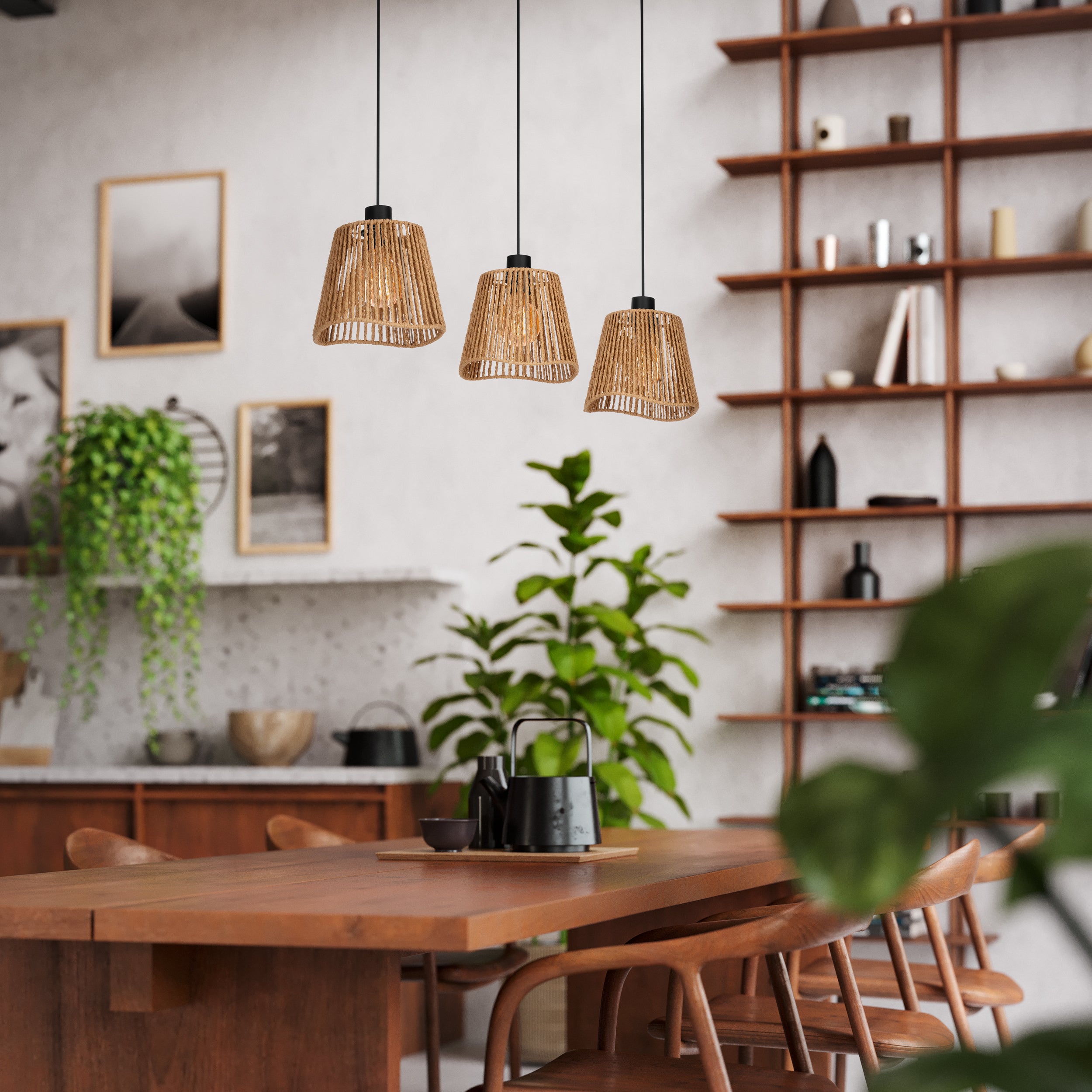 Eglo EU Lavister Black Steel & Natural Paper Contemporary 3-Light Pendant