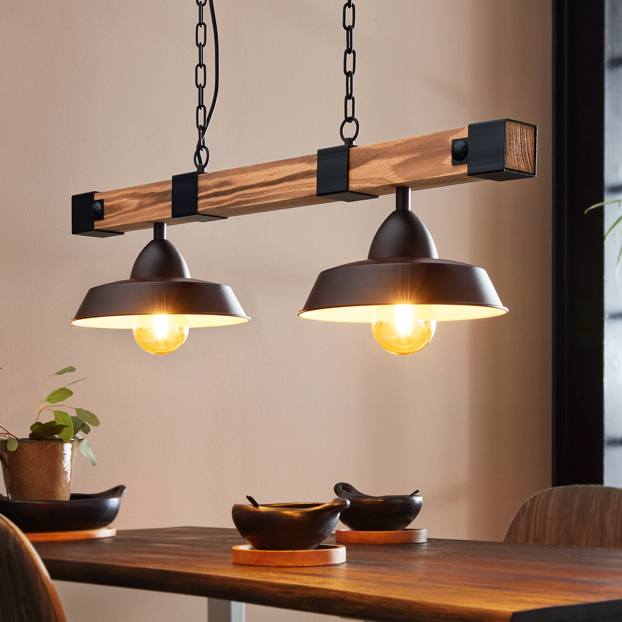 Eglo EU OLDBURY Vintage Pendant Light – Black Steel & Rustic Wood, Multi?Light E27, Indoor Lighting