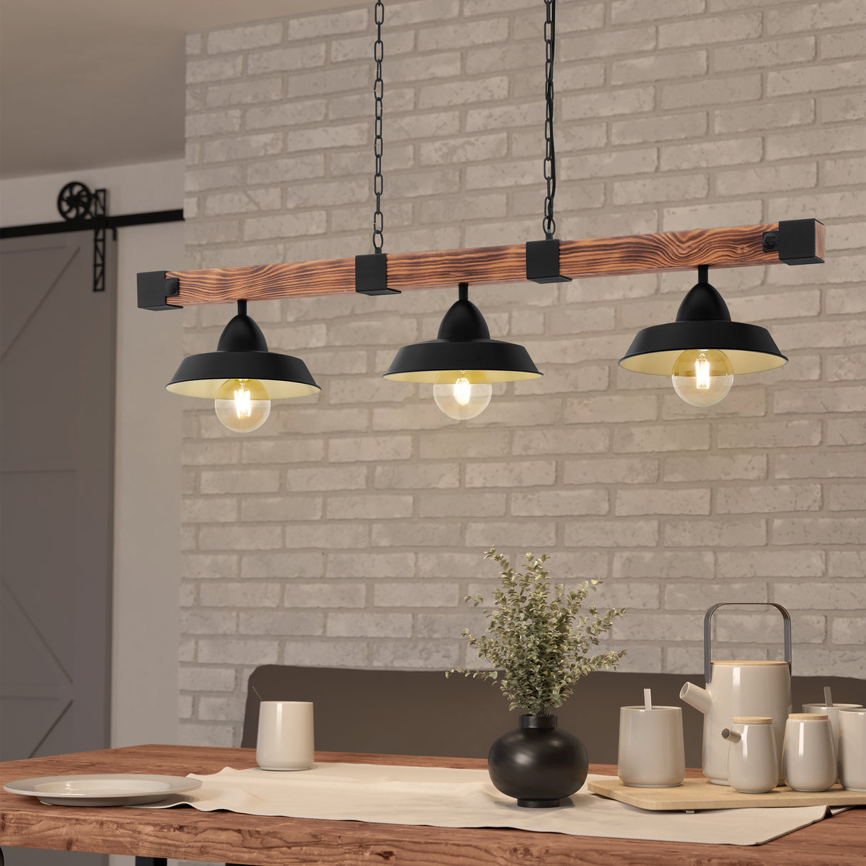 Eglo EU OLDBURY Vintage Pendant Light – Black Steel & Rustic Wood, Extra?Long Linear Design, E27, Indoor Lighting
