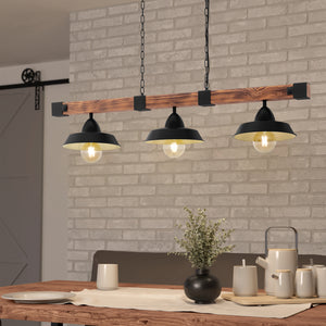 Eglo EU OLDBURY Vintage Pendant Light – Black Steel & Rustic Wood, Extra?Long Linear Design, E27, Indoor Lighting