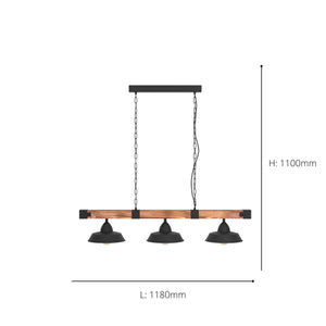 Eglo EU OLDBURY Vintage Pendant Light – Black Steel & Rustic Wood, Extra?Long Linear Design, E27, Indoor Lighting