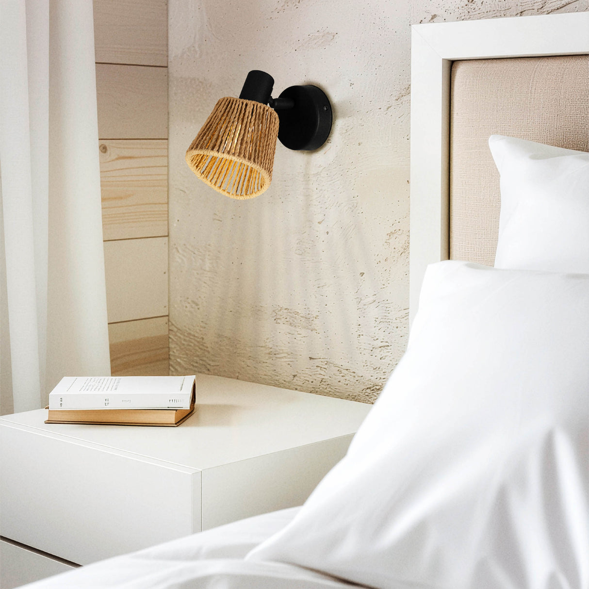 Eglo EU Keelby Single Wall Spotlight Black Steel with Adjustable Natural Paper Shade E14