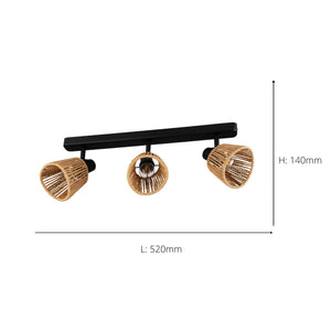 Eglo EU Keelby Triple Ceiling Spotlight Black Steel with Natural Paper Shades E14