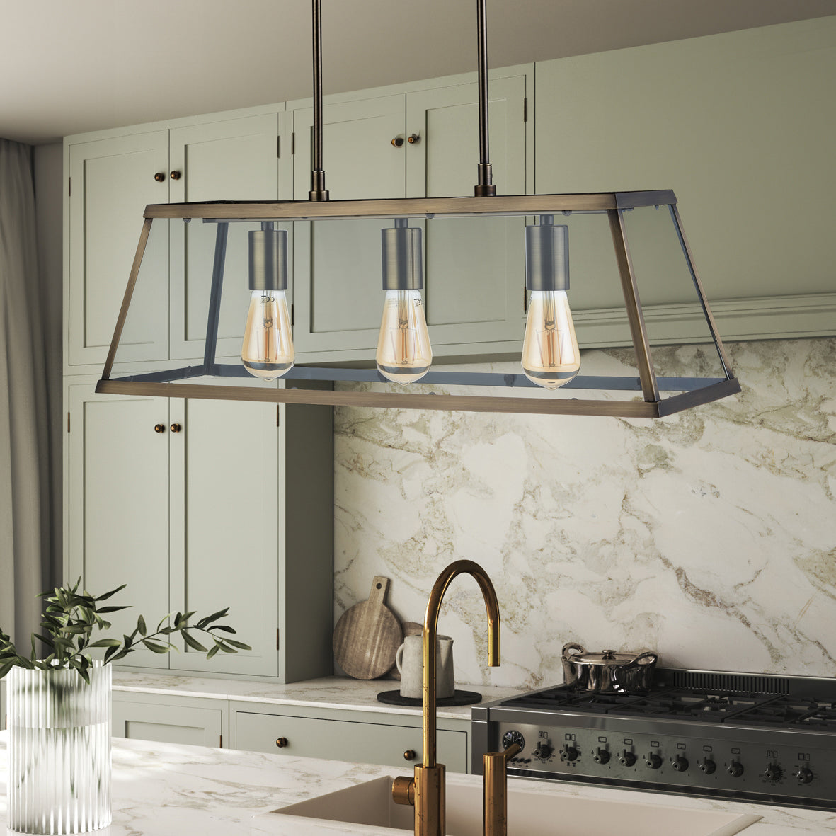 Searchlight Electric Voyager  3Lt Bar Pendant - Antique Brass Metal & Glass 4613-3AB